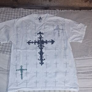 White and Gray Short Sleeve Tees with Ornate Cross Design